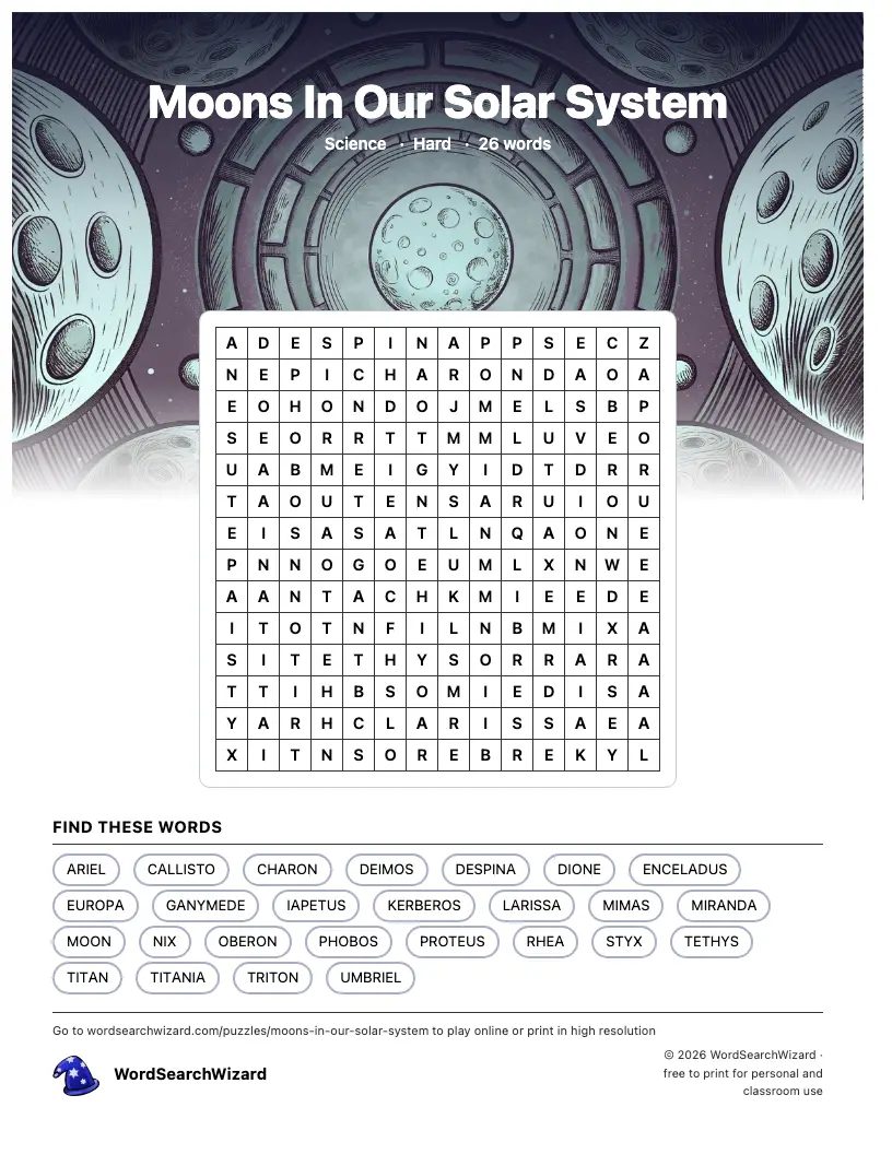 Moons In Our Solar System word search printable sheet, 26 words to find