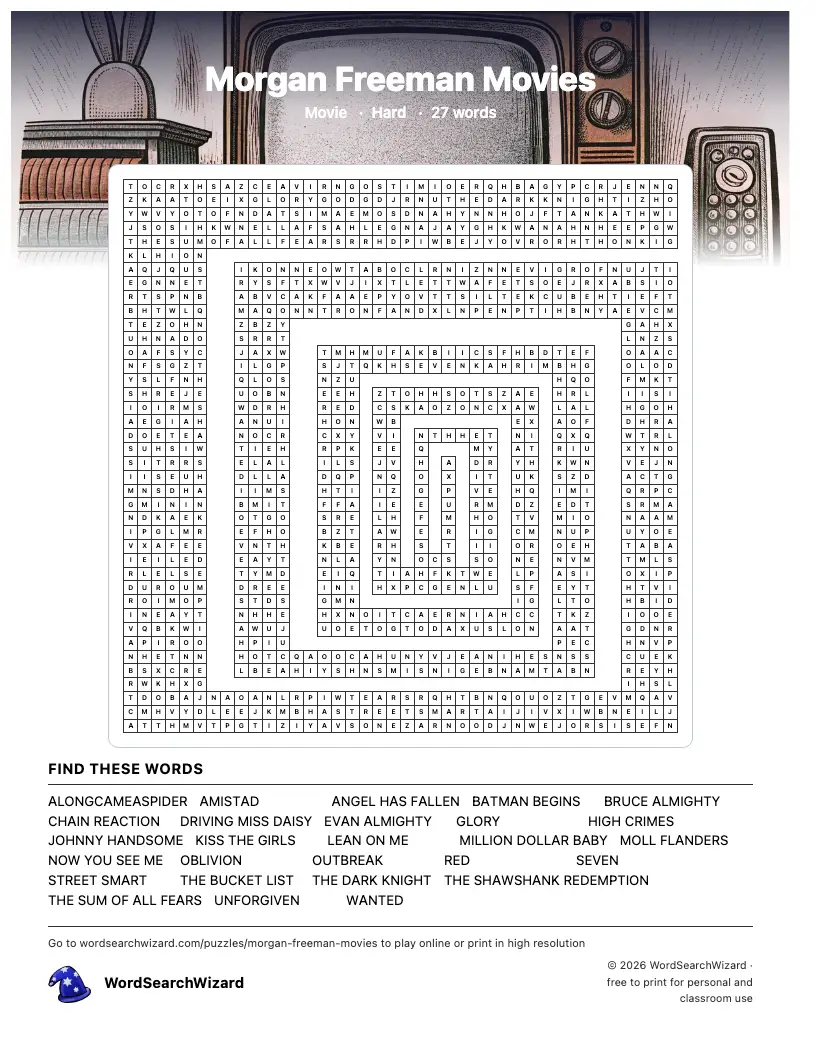Morgan Freeman Movies word search printable sheet, 27 words to find