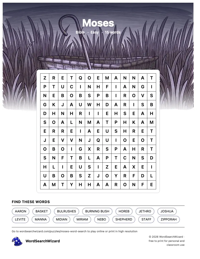Moses word search printable sheet, 15 words to find