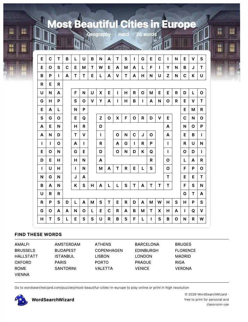 Most Beautiful Cities in Europe word search printable sheet, 26 words to find
