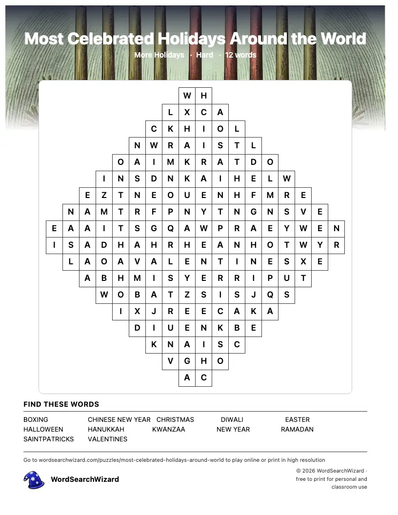 Most Celebrated Holidays Around the World word search printable sheet, 12 words to find