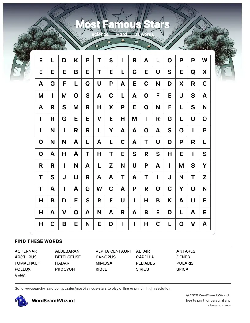 Most Famous Stars word search printable sheet, 21 words to find