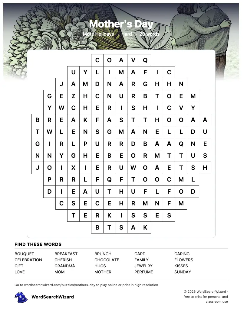 Mother's Day word search printable sheet, 20 words to find
