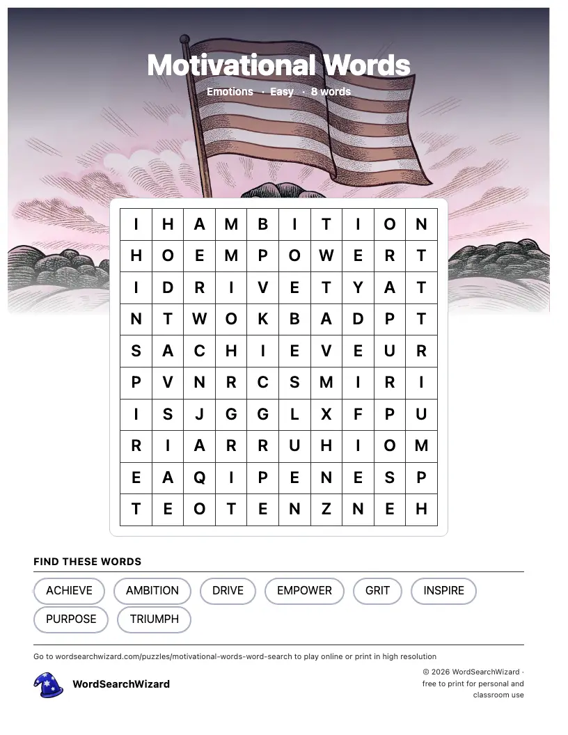 Motivational Words word search printable sheet, 8 words to find