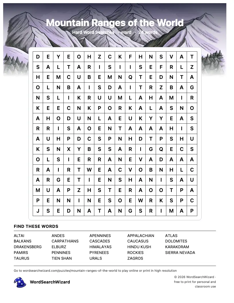 Mountain Ranges of the World word search printable sheet, 24 words to find
