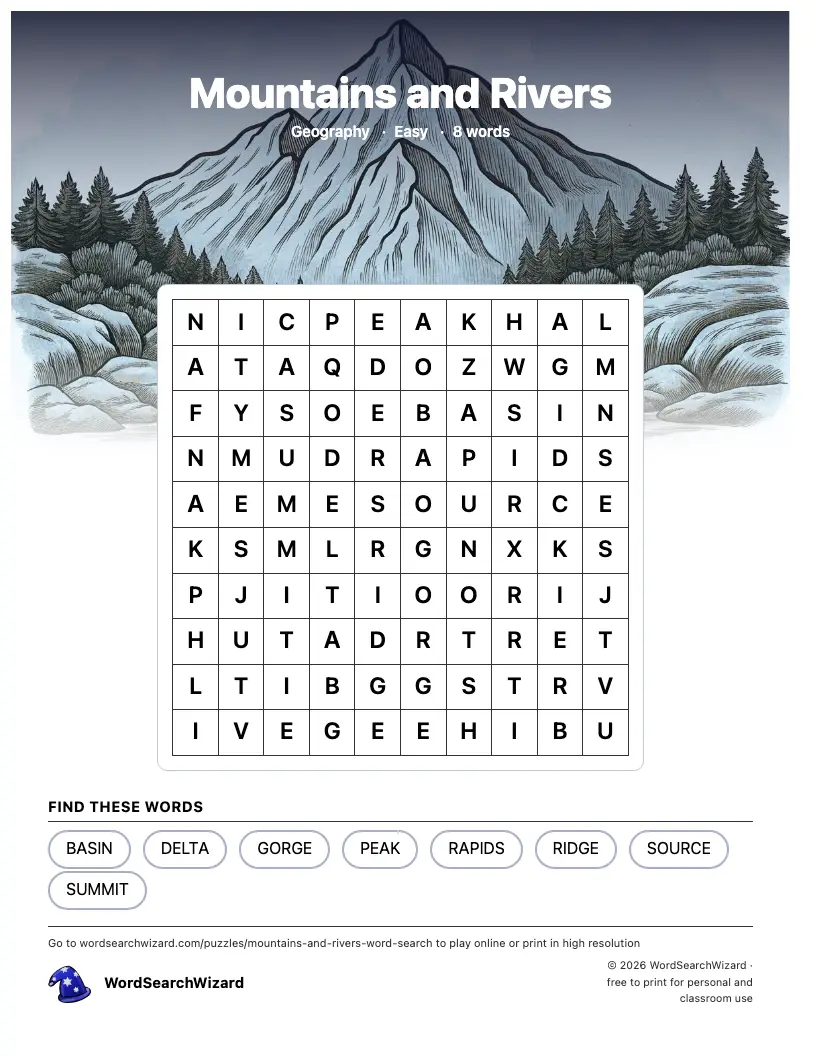 Mountains and Rivers word search printable sheet, 8 words to find