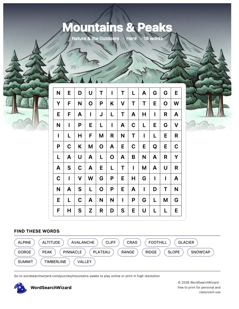 Mountains & Peaks word search printable sheet, 18 words to find