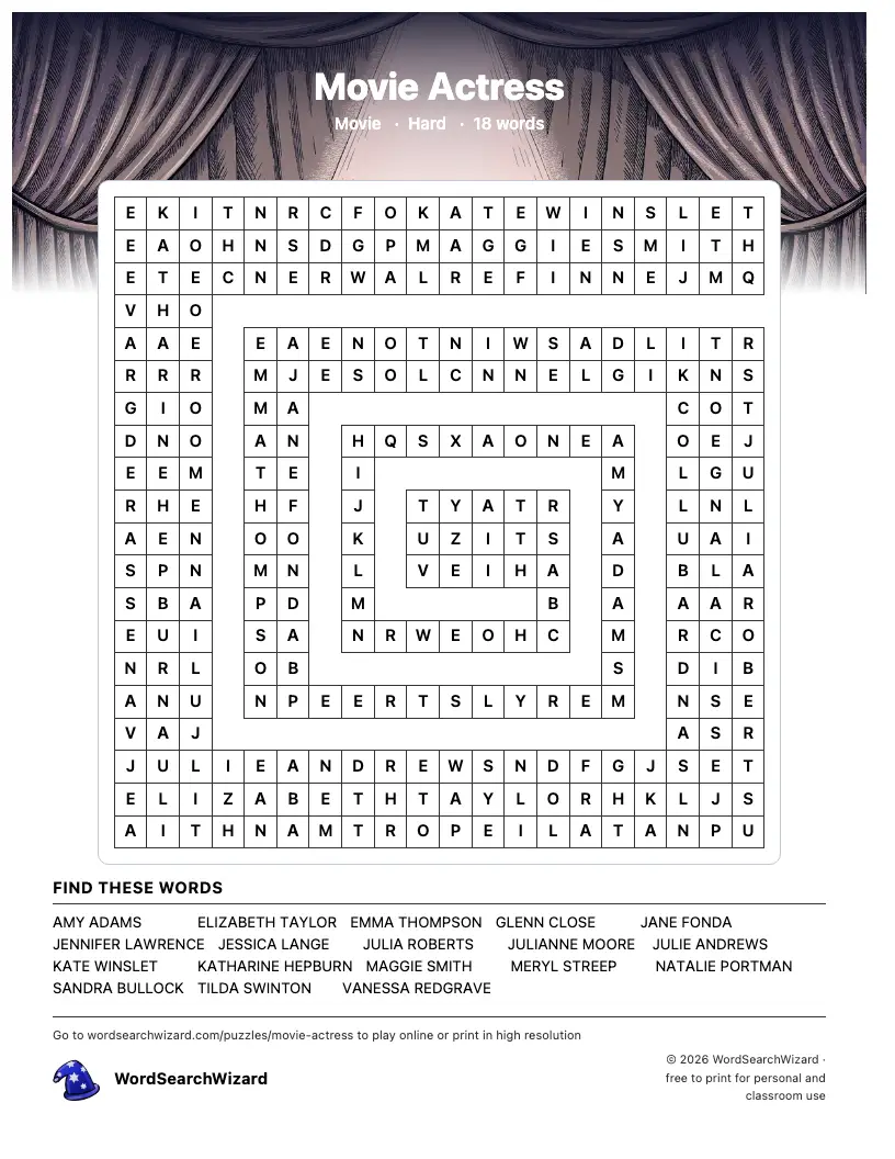 Movie Actress word search printable sheet, 18 words to find