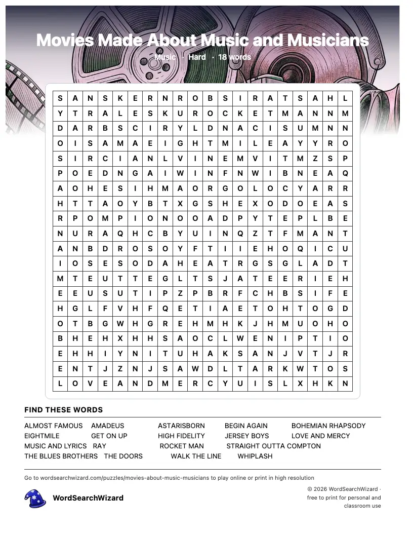 Movies Made About Music and Musicians word search printable sheet, 18 words to find