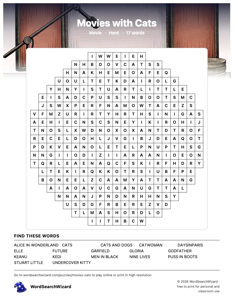 Movies with Cats word search printable sheet, 17 words to find
