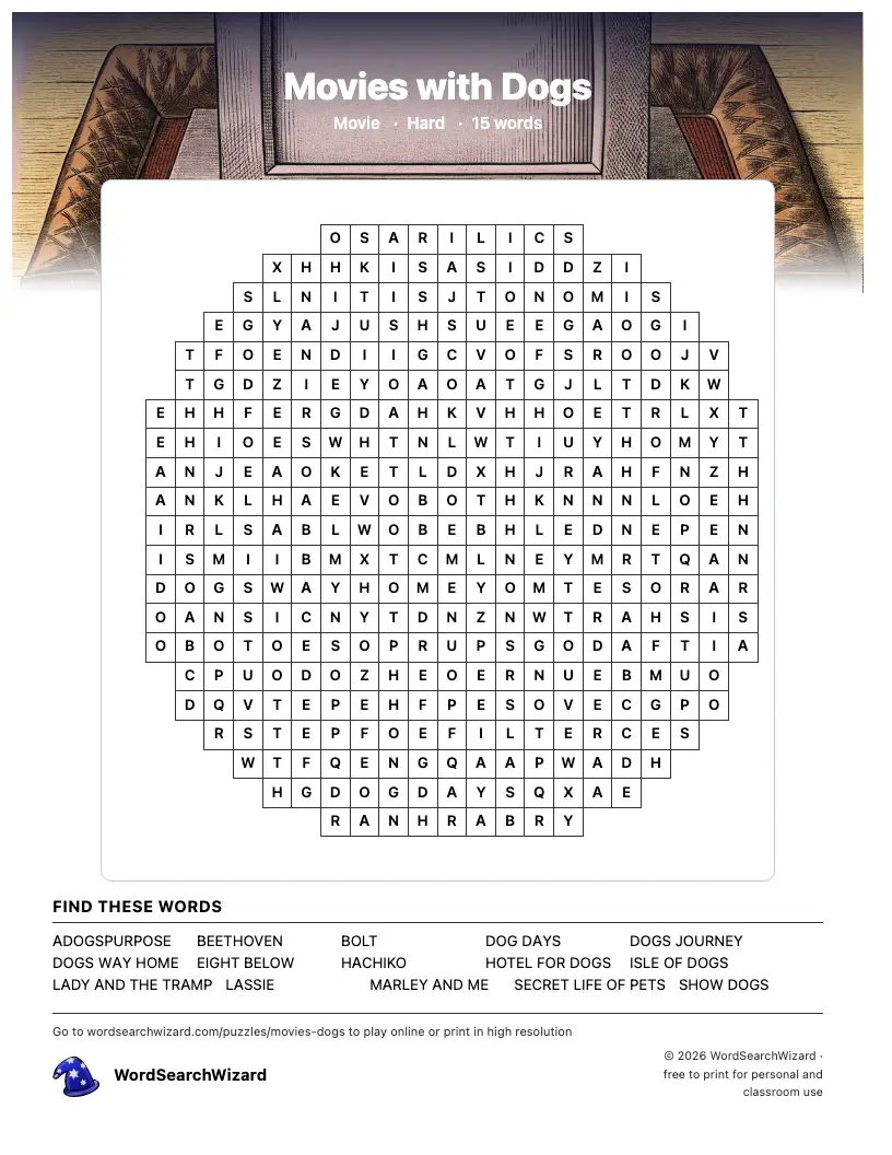 Movies with Dogs word search printable sheet, 15 words to find