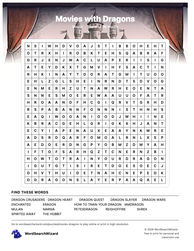 Movies with Dragons word search printable sheet, 16 words to find