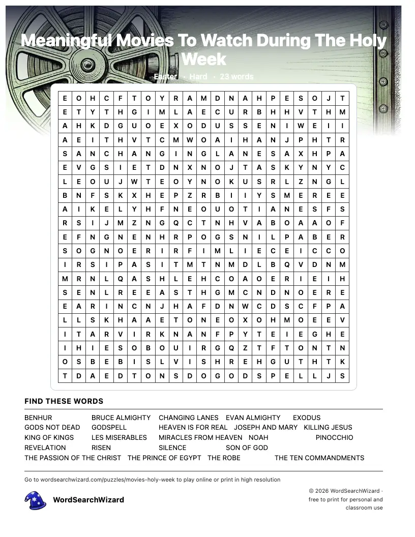Meaningful Movies To Watch During The Holy Week word search printable sheet, 23 words to find