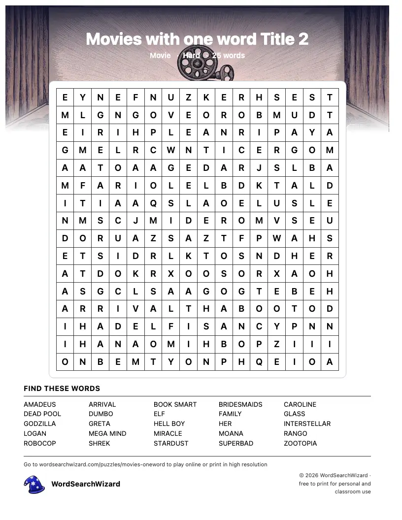 Movies with one word Title 2 word search printable sheet, 25 words to find