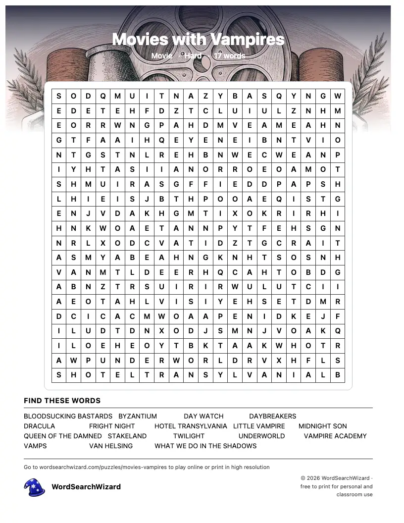 Movies with Vampires word search printable sheet, 17 words to find
