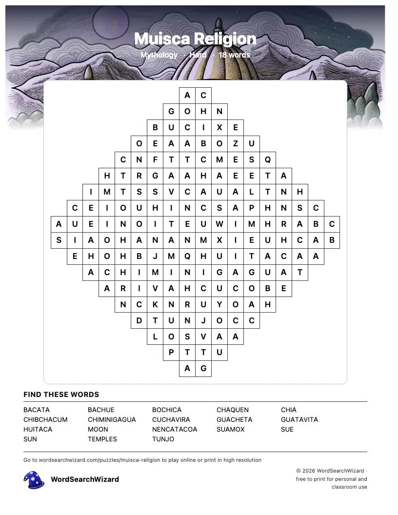 Muisca Religion word search printable sheet, 18 words to find