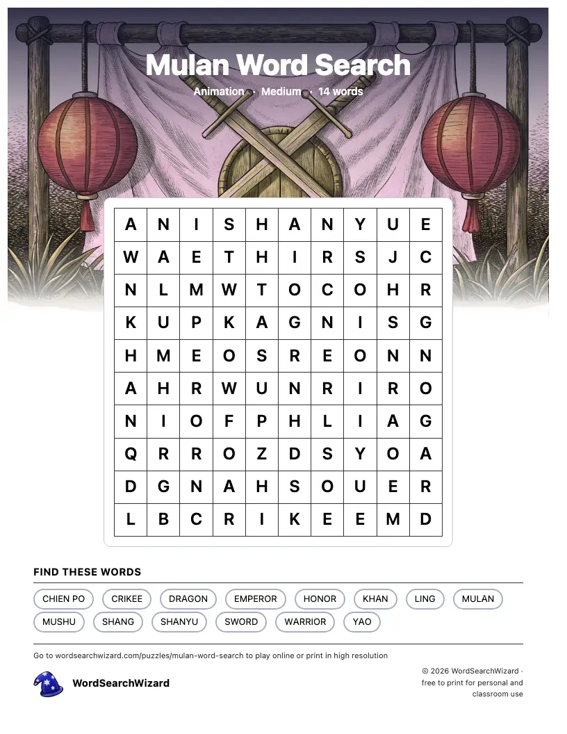 Mulan word search printable sheet, 14 words to find