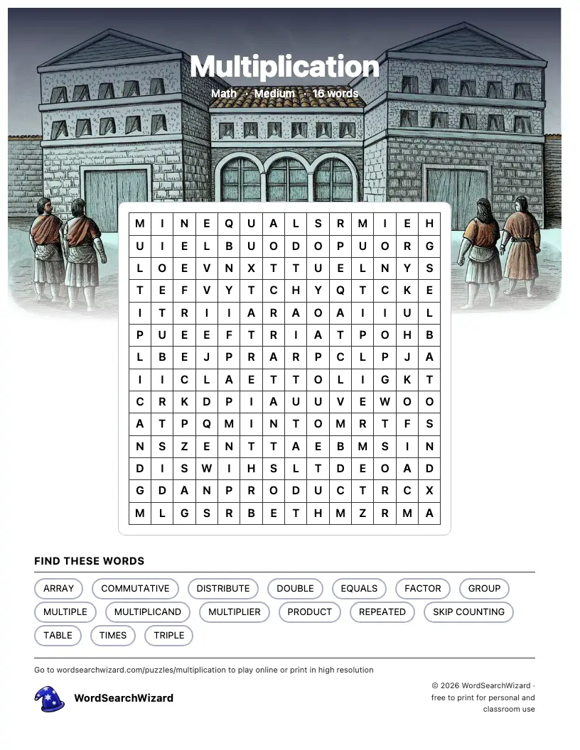 Multiplication word search printable sheet, 16 words to find