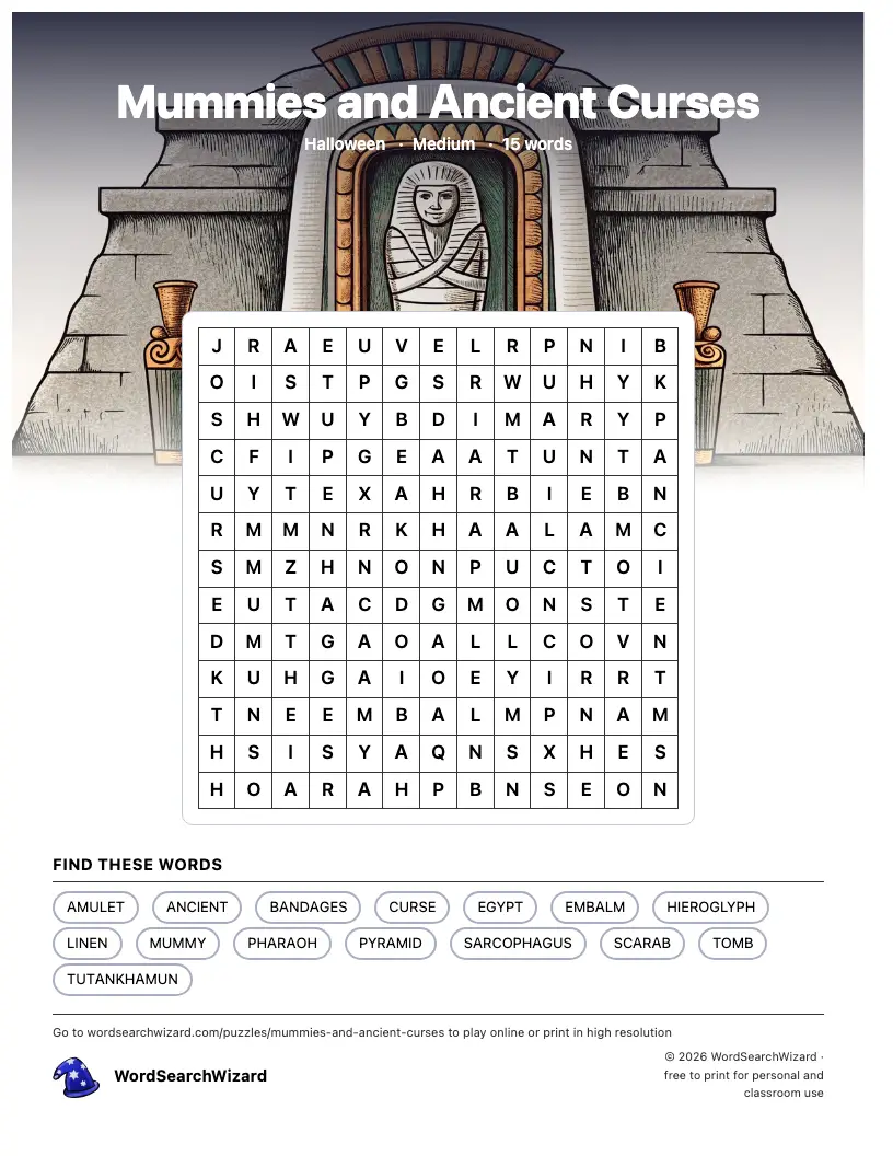 Mummies and Ancient Curses word search printable sheet, 15 words to find