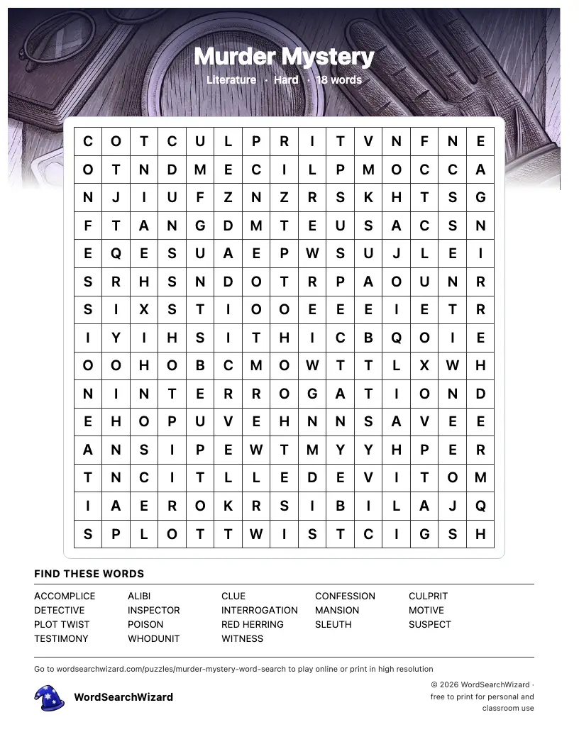 Murder Mystery word search printable sheet, 18 words to find