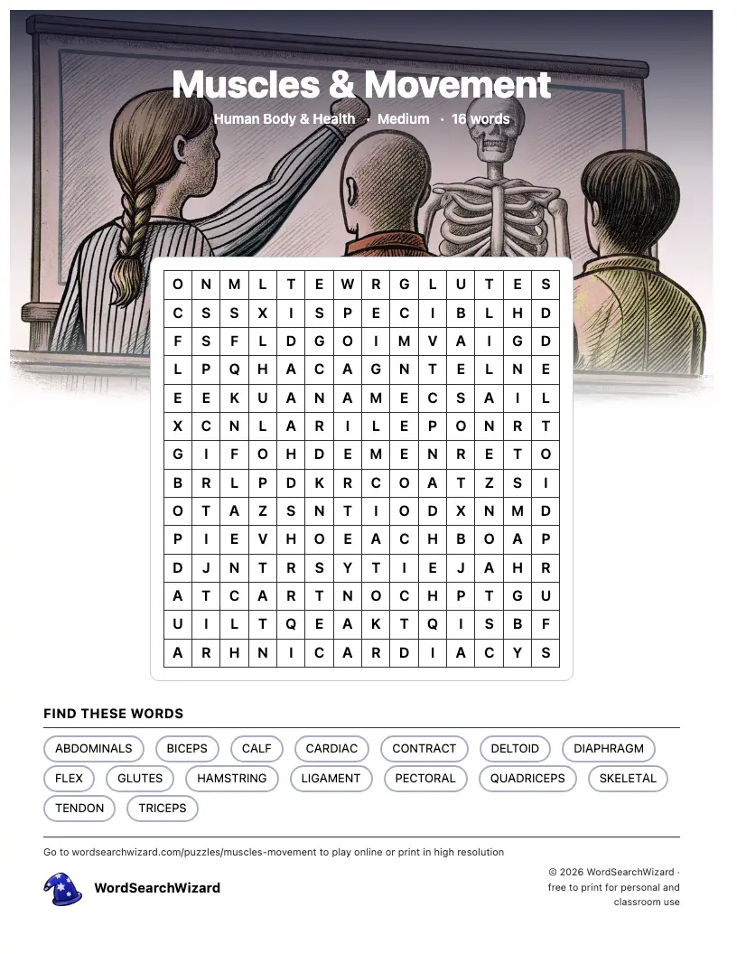 Muscles & Movement word search printable sheet, 16 words to find