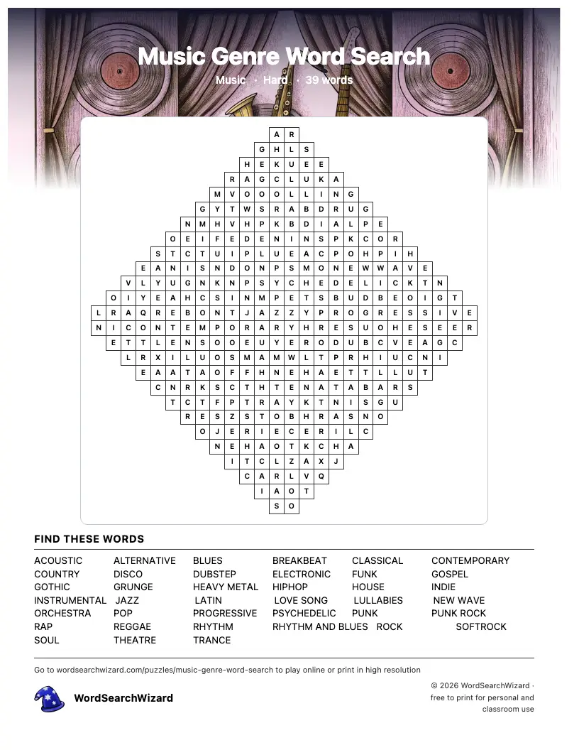 Music Genre word search printable sheet, 39 words to find