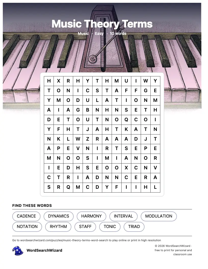 Music Theory Terms word search printable sheet, 10 words to find