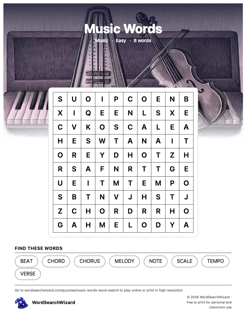 Music Words word search printable sheet, 8 words to find