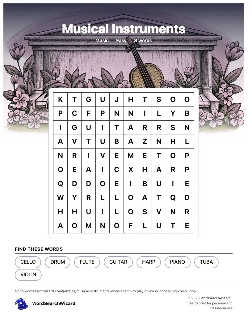 Musical Instruments word search printable sheet, 8 words to find