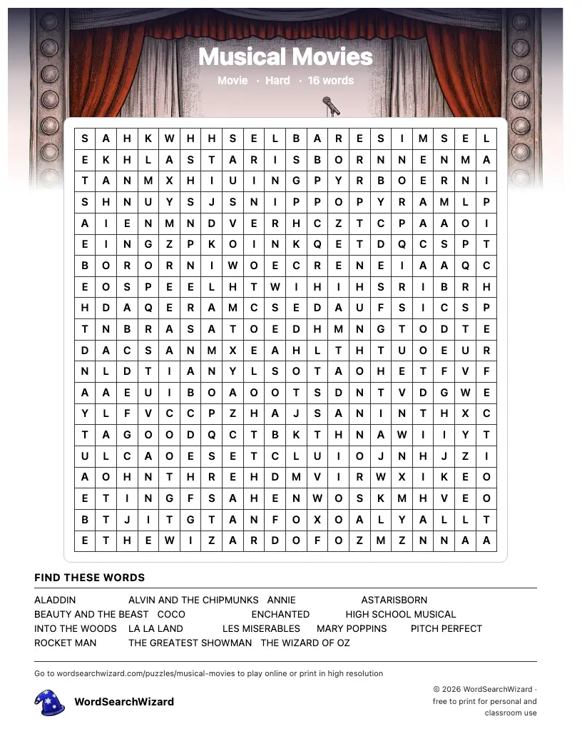 Musical Movies word search printable sheet, 16 words to find