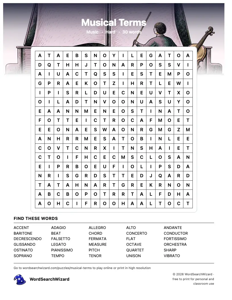 Musical Terms word search printable sheet, 30 words to find