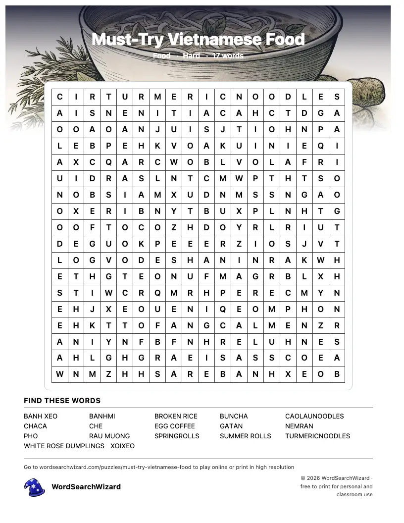 Must-Try Vietnamese Food word search printable sheet, 17 words to find