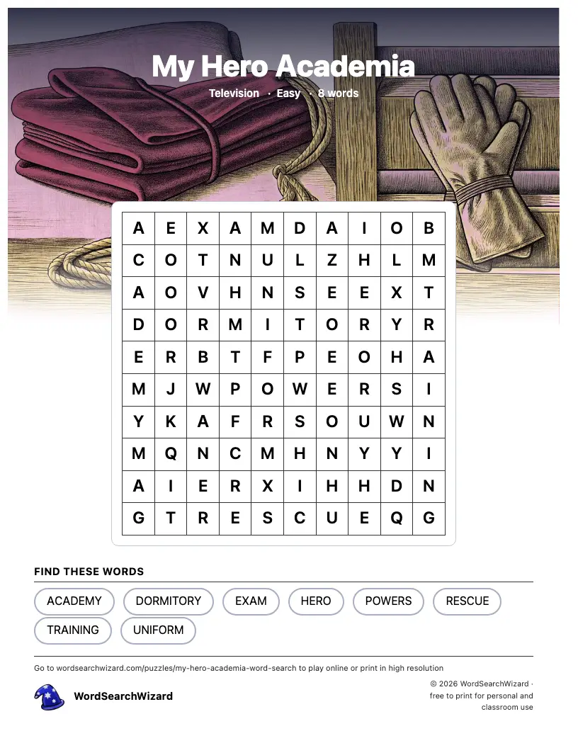 My Hero Academia word search printable sheet, 8 words to find