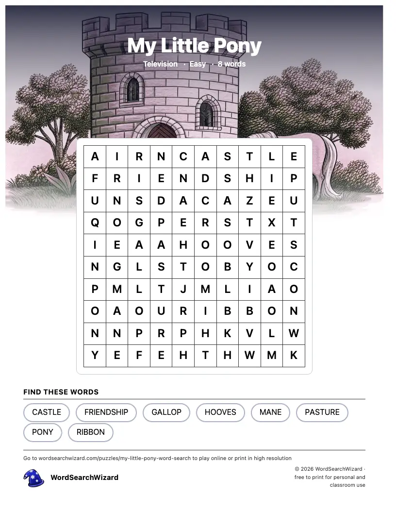 My Little Pony word search printable sheet, 8 words to find
