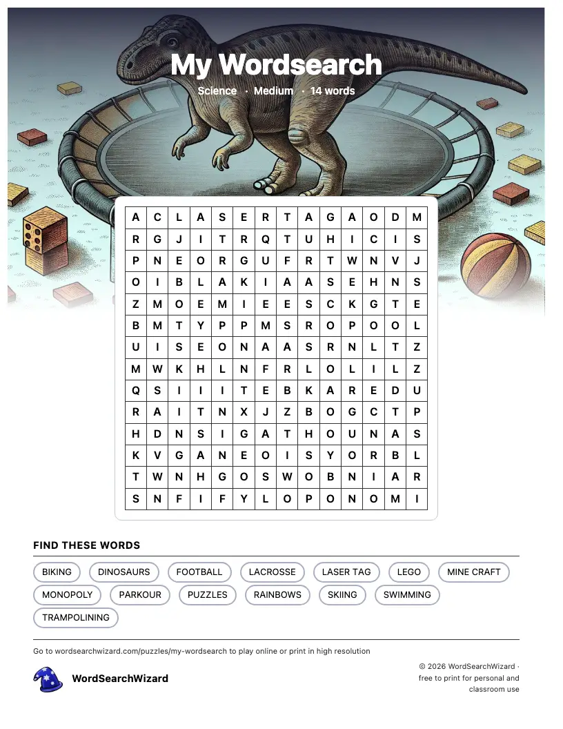 My Wordsearch word search printable sheet, 14 words to find