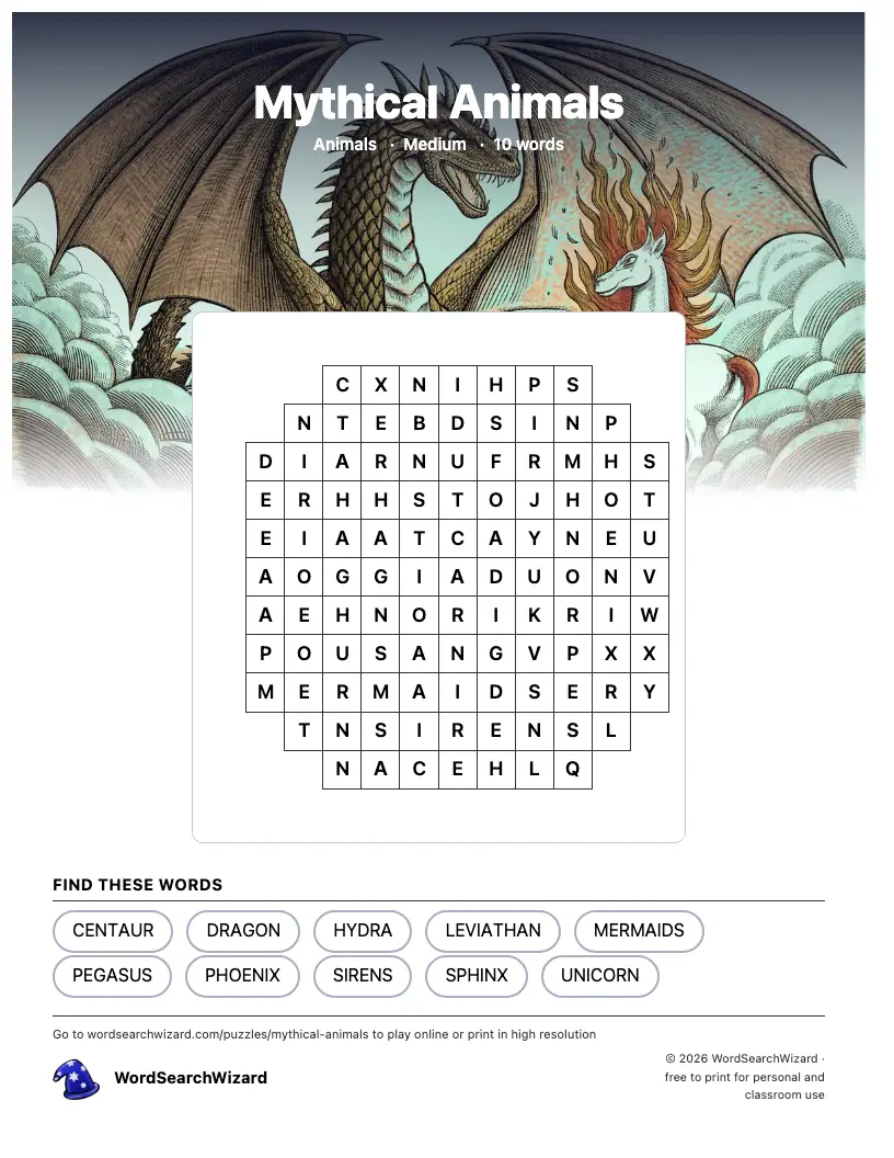 Mythical Animals word search printable sheet, 10 words to find