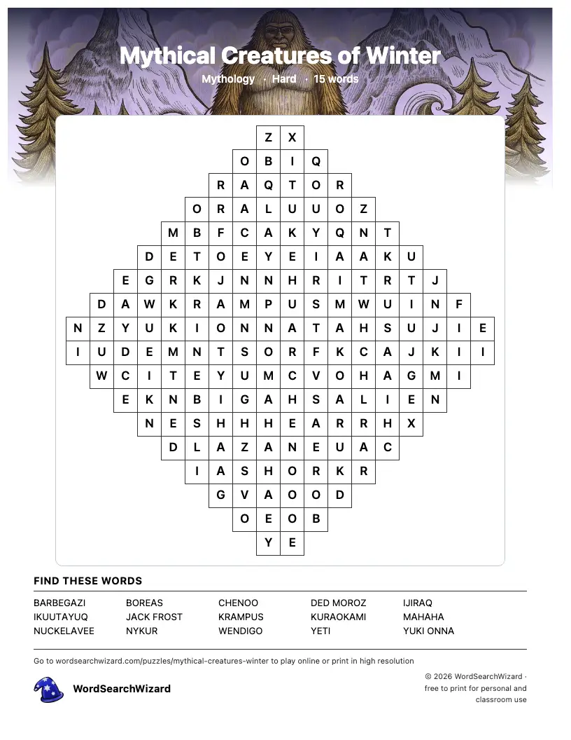 Mythical Creatures of Winter word search printable sheet, 15 words to find