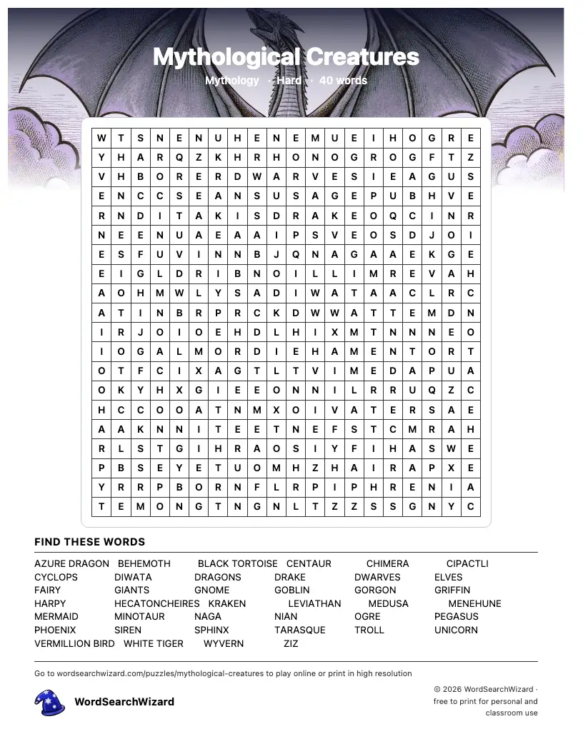 Mythological Creatures word search printable sheet, 40 words to find