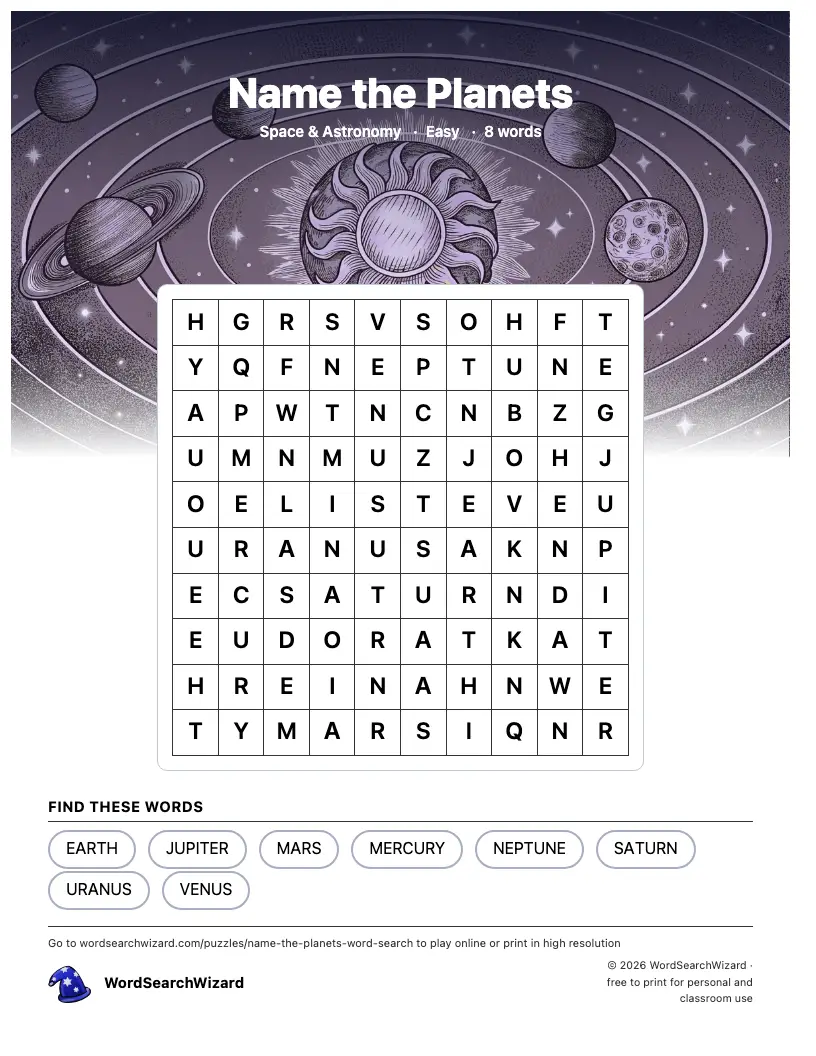 Name the Planets word search printable sheet, 8 words to find