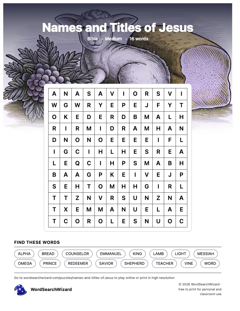 Names and Titles of Jesus word search printable sheet, 16 words to find