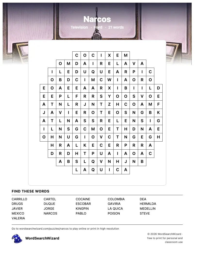 Narcos word search printable sheet, 21 words to find