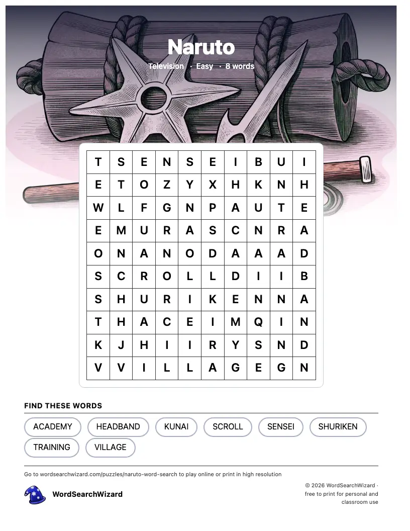 Naruto word search printable sheet, 8 words to find