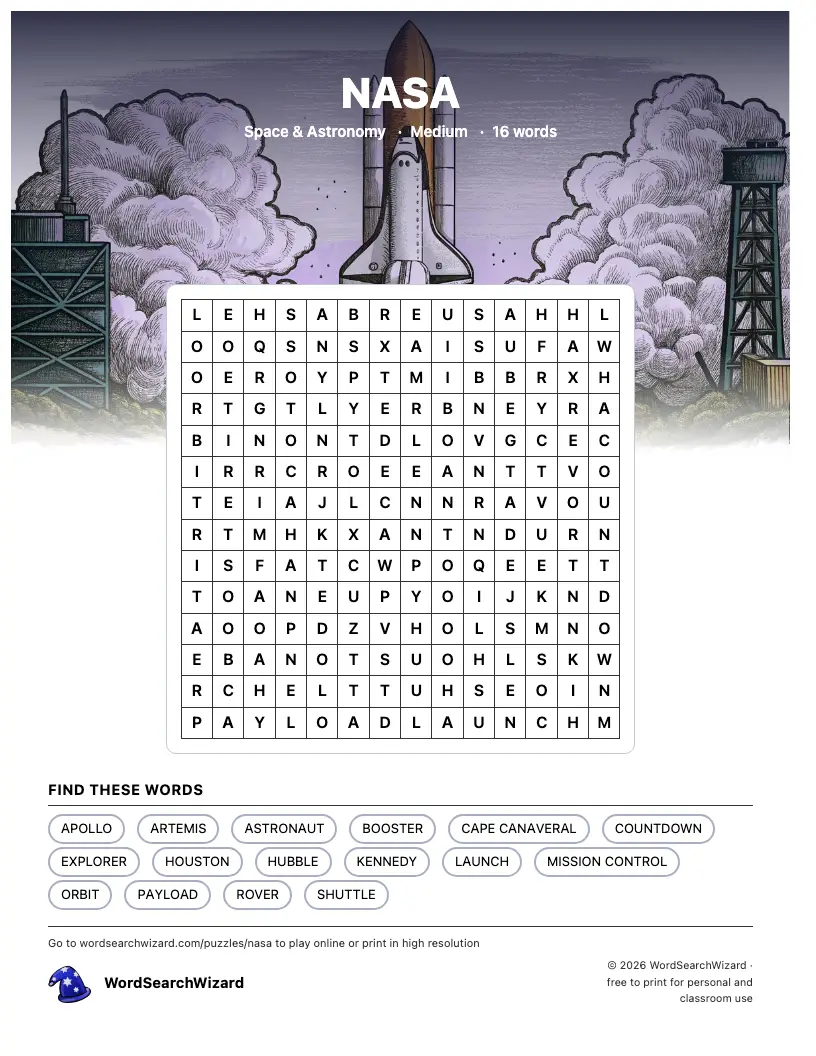 NASA word search printable sheet, 16 words to find
