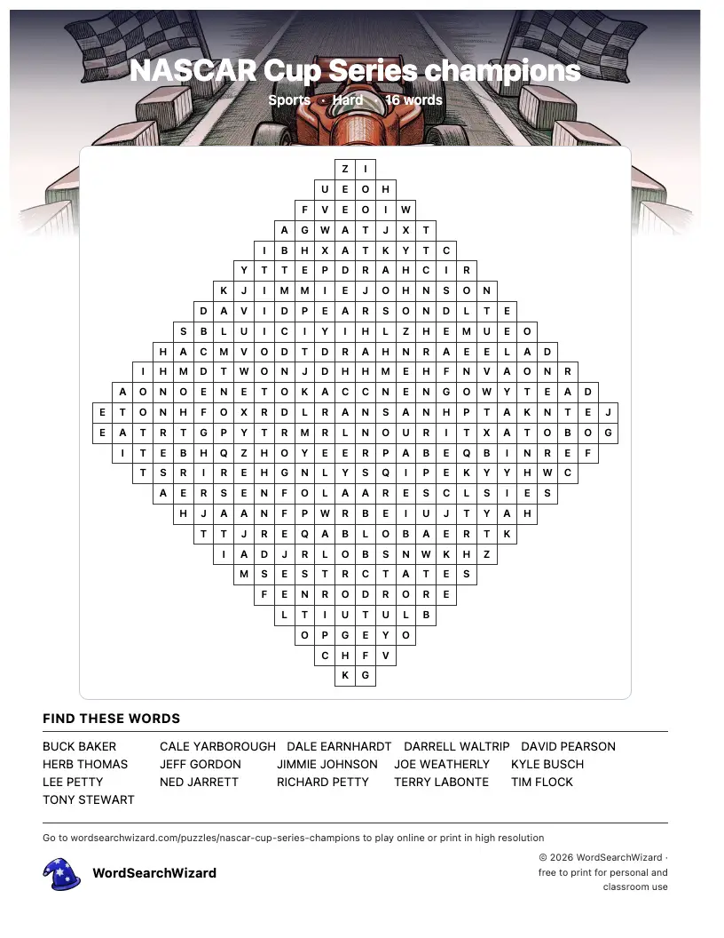 NASCAR Cup Series champions word search printable sheet, 16 words to find