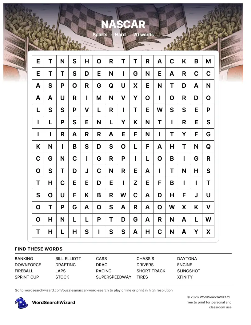 NASCAR word search printable sheet, 20 words to find