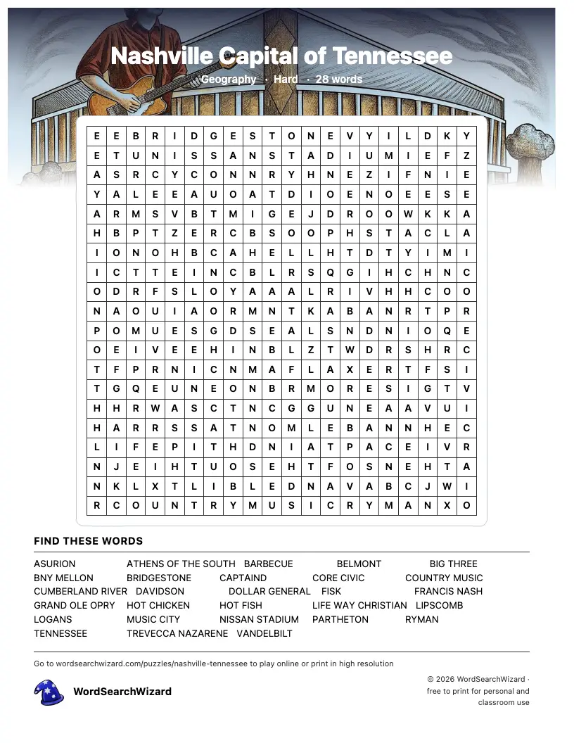 Nashville Capital of Tennessee word search printable sheet, 28 words to find