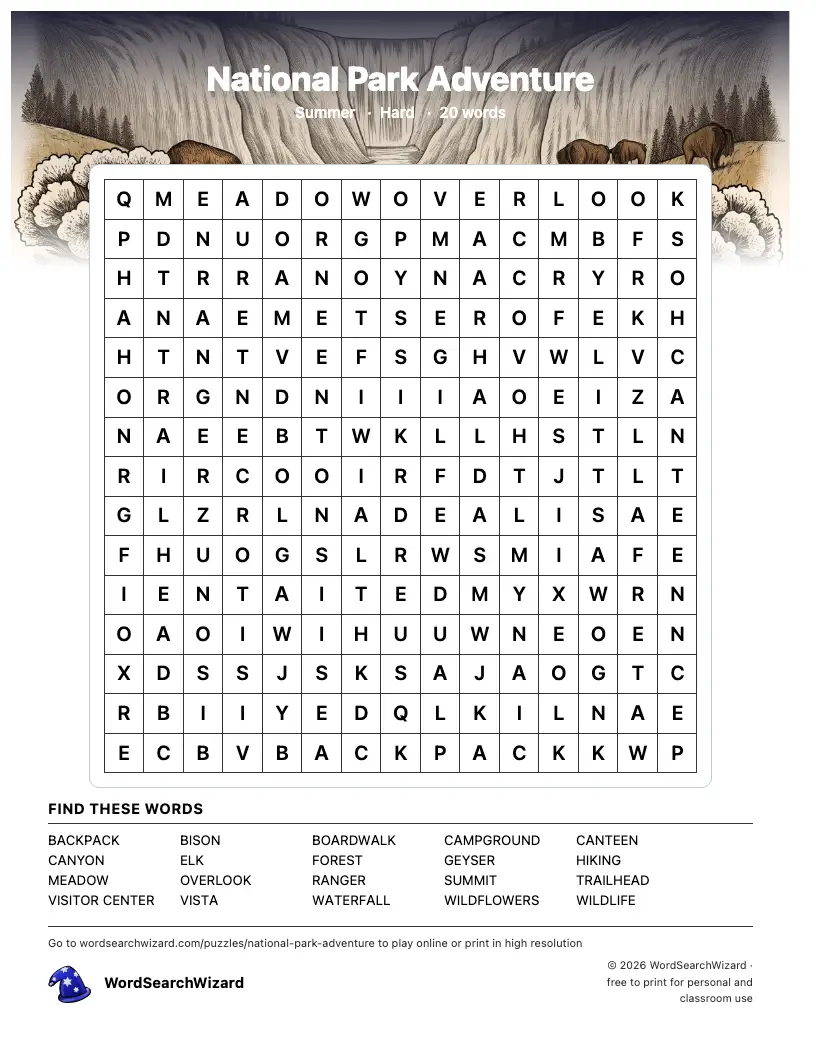 National Park Adventure word search printable sheet, 20 words to find