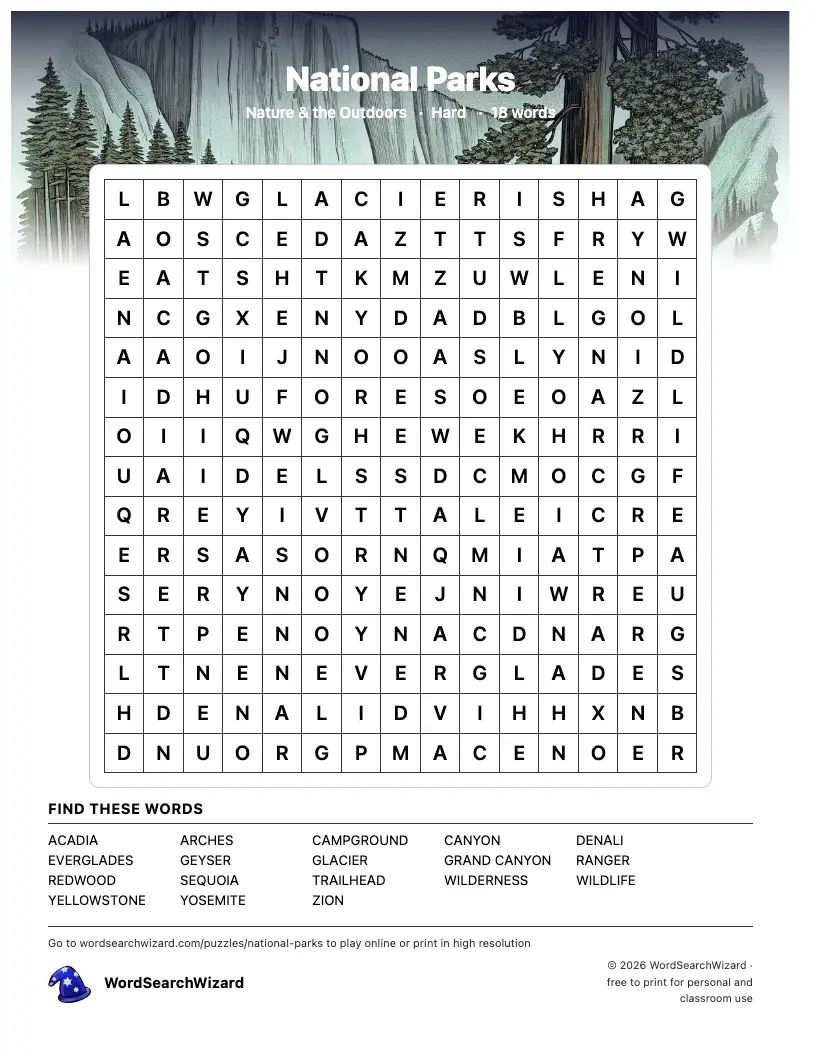 National Parks word search printable sheet, 18 words to find