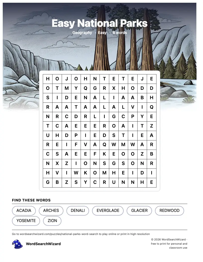 Easy National Parks word search printable sheet, 8 words to find