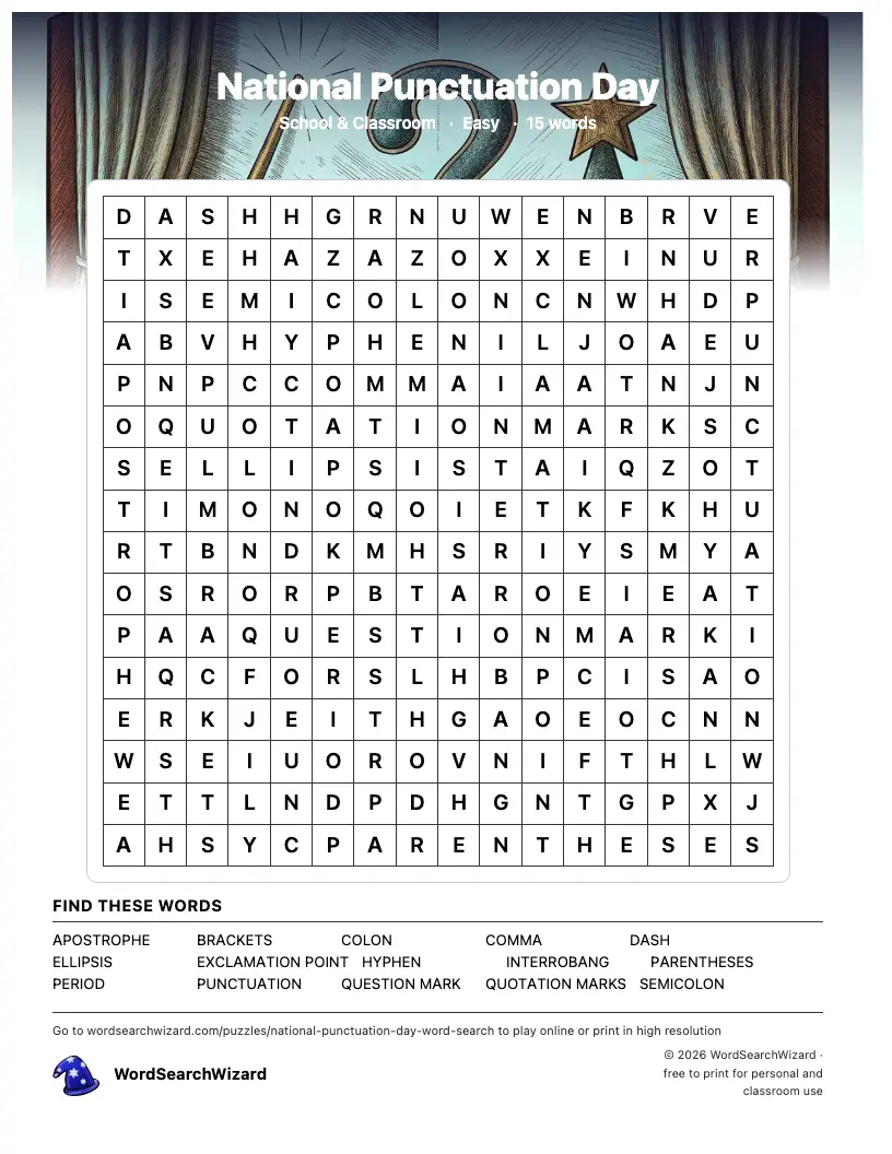 National Punctuation Day word search printable sheet, 15 words to find